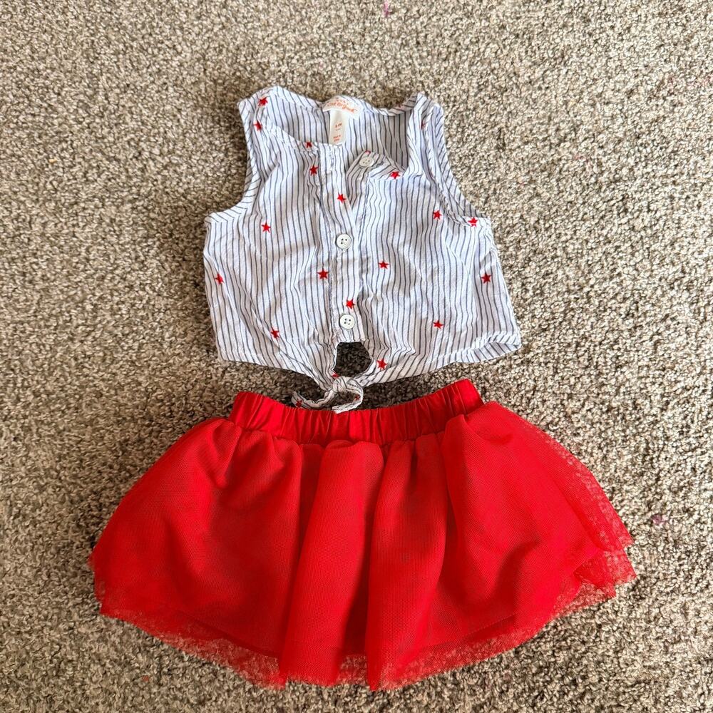 Cat & Jack Red Baby Girls Star Button-Up Top & Tutu Skirt Outfit Set 6-9 Months